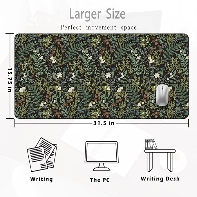 Dark Green Plant Large Mouse Pad 31.5x15.7inch, Vintage Green Fern Leaves Botanical Cottagecore Mouse Pads for Wireless Mouse Computers Laptop Desk Accessories, Plant Desk Accessories