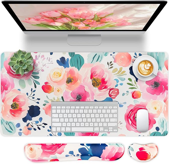 Bloss Flower Desk Mat + Wrist Rest, Leather Desk Pad+Foam Rest, Desk Matt for Desktop, Waterproof Desk Pad Mat for Office/Home/Decor, Gift for Women(31.5 x 15.7 Inches)