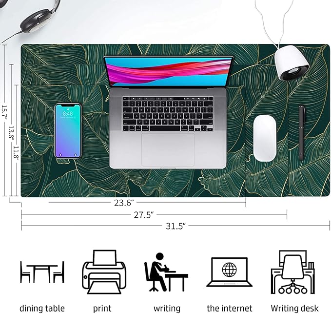 Desk Mat Large Protector Pad 31.5" ×15.7", Non-Slip PU Leather Desk Blotter, Waterproof Mouse Pad for Office Home Palm Leaves
