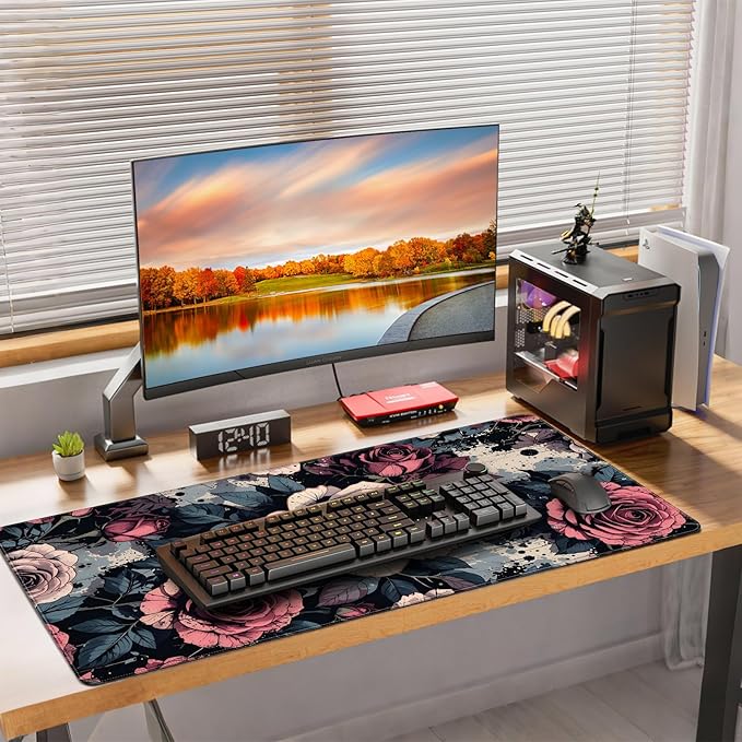 XXL Gaming Mouse Pad, Vintage Rose Floral Design, 35.4 x 15.7 Inches, Microfiber Cloth, Non-Slip Rubber Base, Rectangular Extended Desk Mat