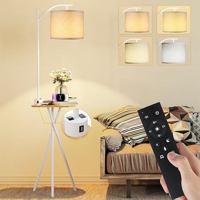 ROTTOGOON Floor Lamp with Table, End Table Lamp with Remote Control and Charging Station(USB & Type-C & AC Port), 4 Color Temperatures, Floor Lamps for Living Room, Bedroom and Home Office,White