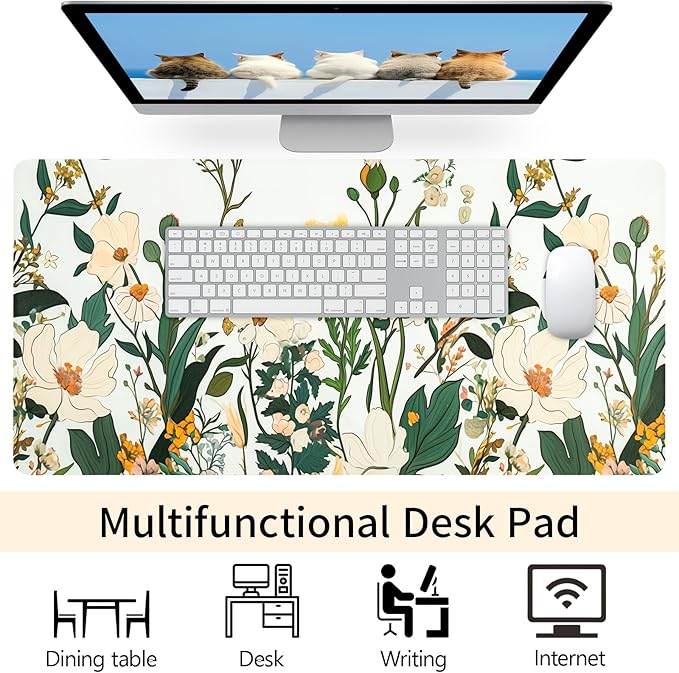 Flower Desk Mat, Desk Matt for Desktop, Leather Mouse Pad, Waterproof Large Keyboard Pad, Anti-Slip Computer mat, Keyboard and Mousepad for Women Office Decor (31.5"x15.7")