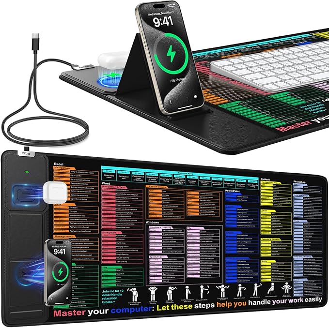 Mouse Pad with Foldable Phone Holder, Wireless Charging Desk Mat with Excel Shortcut Keys, 31.5"x15.8" Large Mousepad with Superior Micro-Weave Cloth, XXL Desk Pad Non-Slip, Waterproof