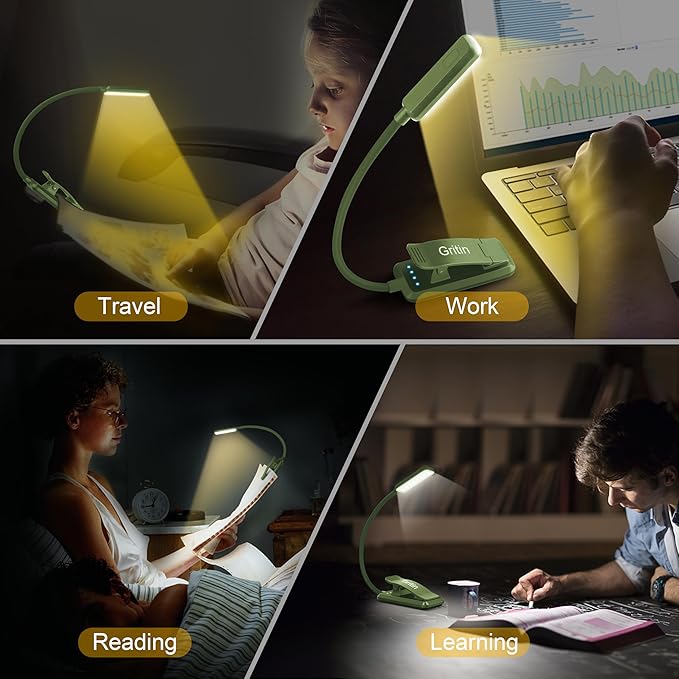 Gritin 9 LED Rechargeable Book Light for Reading in Bed - Eye Caring 3 Color Temperatures,Stepless Dimming Brightness,80 Hrs Runtime Small Lightweight Clip On Book Reading Light -Intense Green