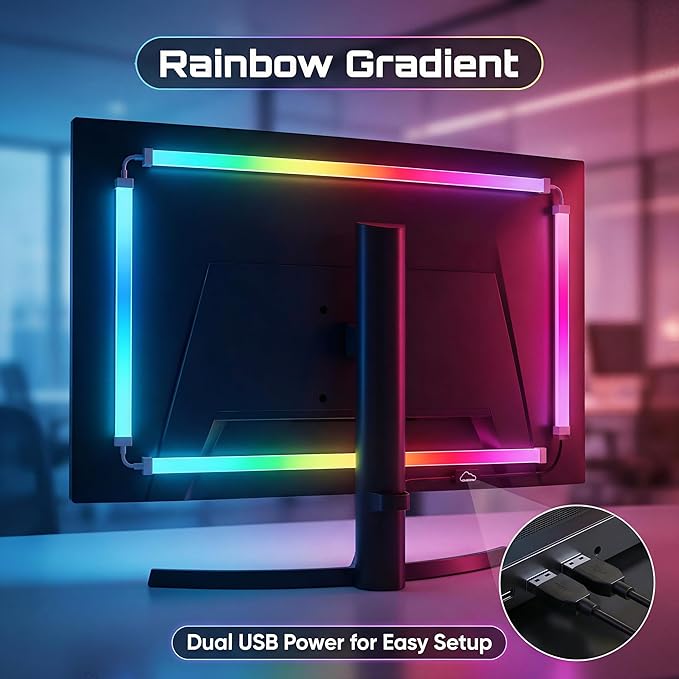 RGB Monitor Backlight with Screen Sync, Dual USB Powered Ambient Lighting Kit for 24 Inch PC Monitors, Music Mode, Dynamic Dreamcolor Gaming Lights for Desk Setup (4 Sides - 24 inch)