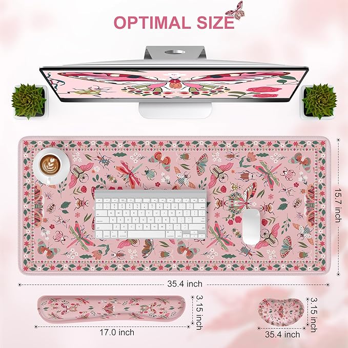 iCasso Large Mouse Pad for Desk, Computer Desk Mat, 3Pcs XXL Keyboard and Mouse Pad + Keyboard Wrist Rest, Desk Matt for Desktop, Easy Typing & Comfort Ultra Thick Mousepad Keyboard Mat (Pink)