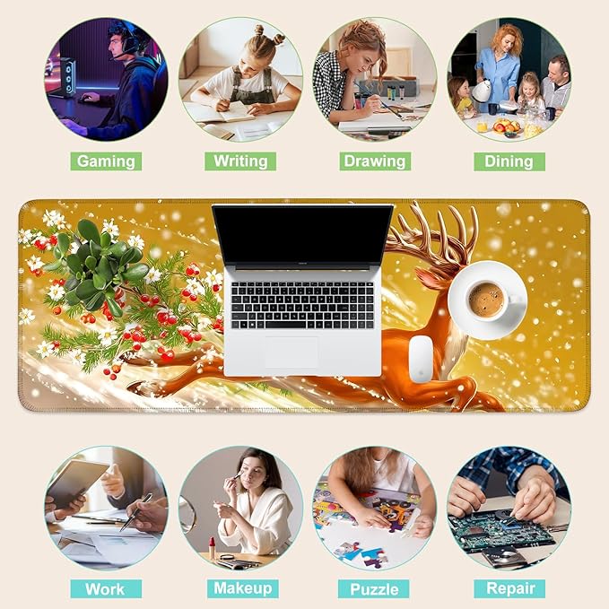 Desk Mat, XXL Extended Gaming Pad for Desktop, 31x12 Inches Winter Reindeer Running in Snow, Large Non-Slip Vegan Leather Surface with Stitched Edges, Keyboard Mouse Mat for Home Office