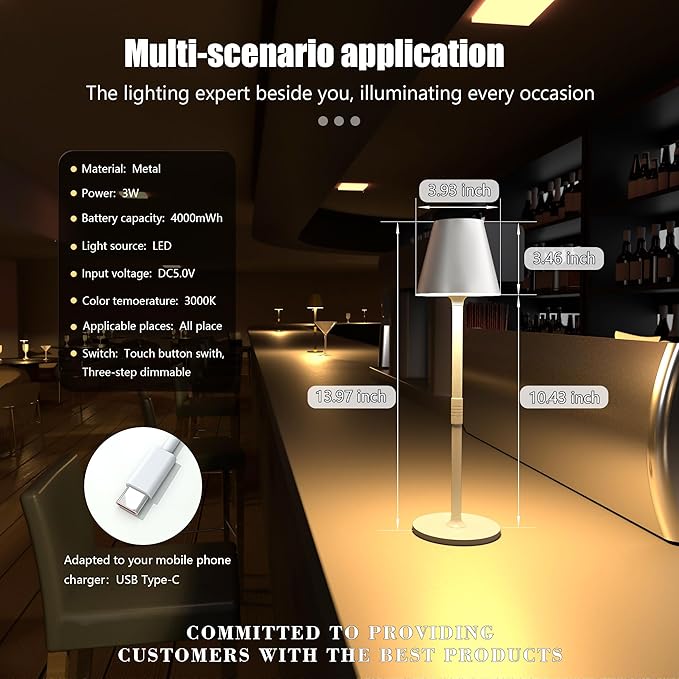 2-Pack Cordless Table Lamps - 5000mAh Rechargeable Battery Operated Desk Lamp, 3-Level Dimmable LED Night Light for Bedroom, Dining, Restaurant - Metal Design (White 2-Pack)