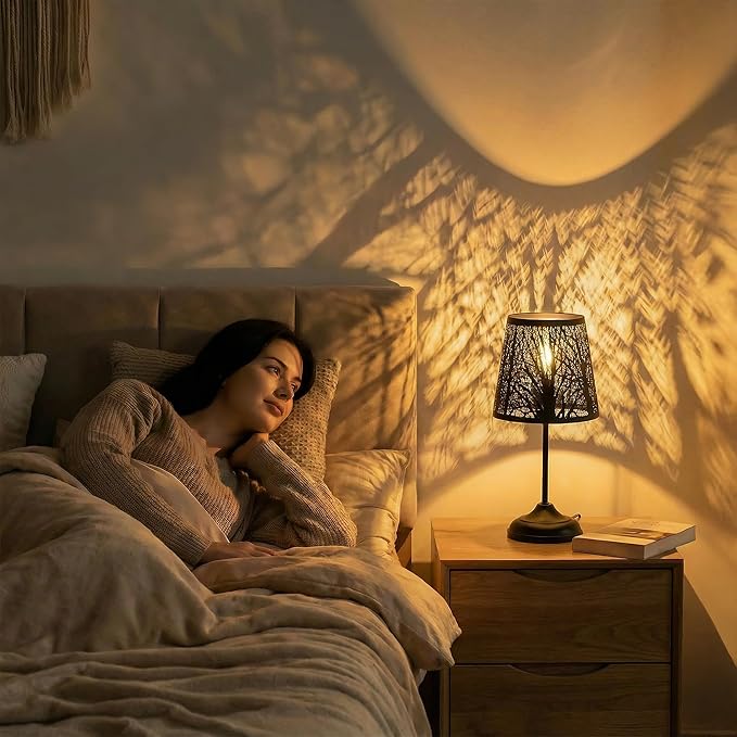 Touch Control Table Lamp, Black Metal Tree Pattern Shadow Lamp Lights Mini Lamps with dimmable 3-Levels Brightness Vintage Accent Decor Lamp Indoor Mood Lighting Bedroom Living Room (Black)