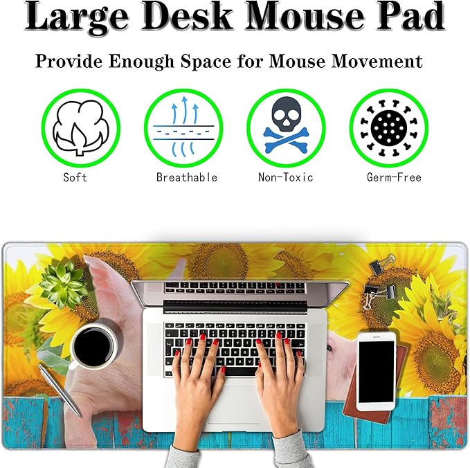 Keyboard Mat Yellow Blue Long Mouse Pad, Computer Mat Large Desk Pads, Big Desk Mat Non-Slip Rubber Base, 35.4 X 15.7 inch for Work/Game/Office/Home Funny Pig Hanging on A Fence. Studio Photo.