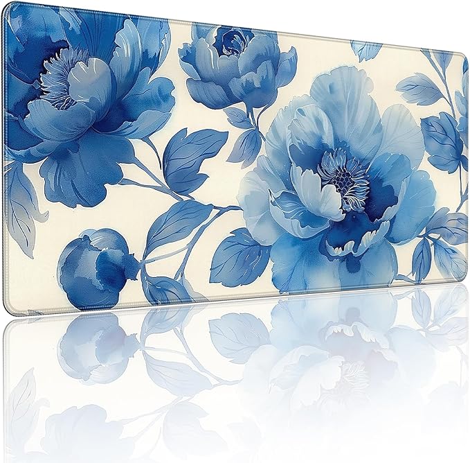 XXL Gaming Mouse Pad, Blue Floral Design, 35.4 x 15.7 Inches, Microfiber Cloth, Rectangular, Non-Slip Rubber Base