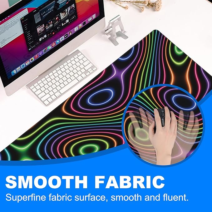 Desk Mat, Colorful Neon Topographic Contour Map Extended Gaming Mouse Pad Large, 35.4"x15.7" Big Mouse Pad with Non-Slip Base and Stitched Edge, Long Computer Keyboard Mouse Mat for Home Office Work
