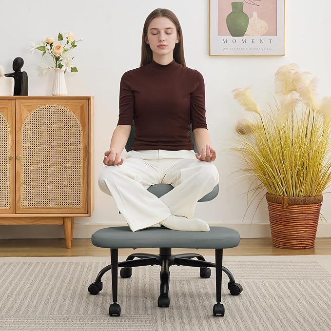 Ergonomic Criss Cross Legged Office Chair, ADHD Chair, Wide Height Adjustable Seat 360° Swivel Footstool with Wheels, PU Leather Meditation Kneeling Chair, for The Restless Home Workers, Grey
