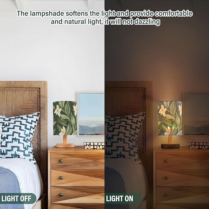 Green Floral LED Table Lamp, Bedside Lamp with Linen Lampshade, Flicker-Free Eye Care USB Plug in Nightstand Lamp, for Bedroom and Office