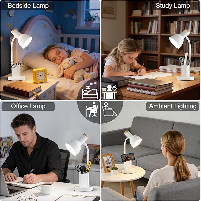 WLHONG LED Desk Lamp, Table Lamps with Pen Holder, 3 Color Modes Eye-Caring Reading Light with Flexible Gooseneck, Study Lamp for Kids Bedside Home Office Room College Dorm Essentials (White)