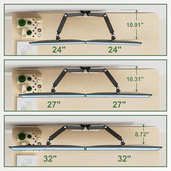 Dual Monitor Wall Mount, Double Monitor Wall Stand for Two 17-32 inch Flat Computer Screens, Height Adjustable Gas Spring Mounted Bracket Arms Hold up to 17.6lbs, VESA 75/100