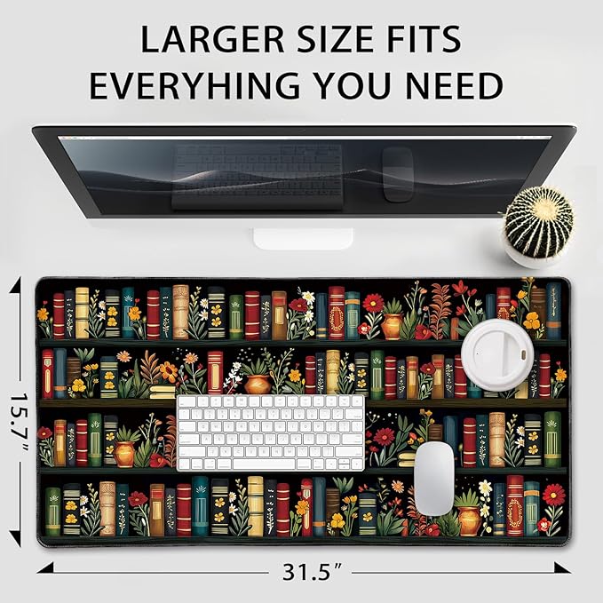 Vintage Library Bookshelf Large Gaming Mouse Pad 31.5"x15.7"｜ Flower XXL Desk Mat, Non-Slip Rubber Base & Stitched Edges - Extended Waterproof Mousepad for PC/Laptop/Office/Home Decor