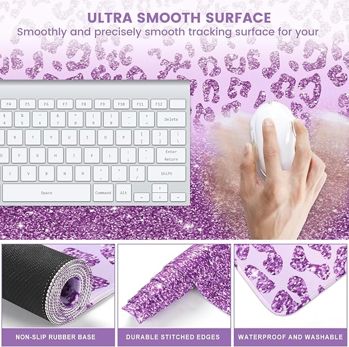 iLeadon Mouse Pad Set, Desk Mat + Mouse Pad with Wrist Rest + Keyboard Wrist Rest + Coaster, 4in1 Large Gaming Mouse Pad Glitter Leopard Mouse and Keyboard Pad Set for Home Office, Purple