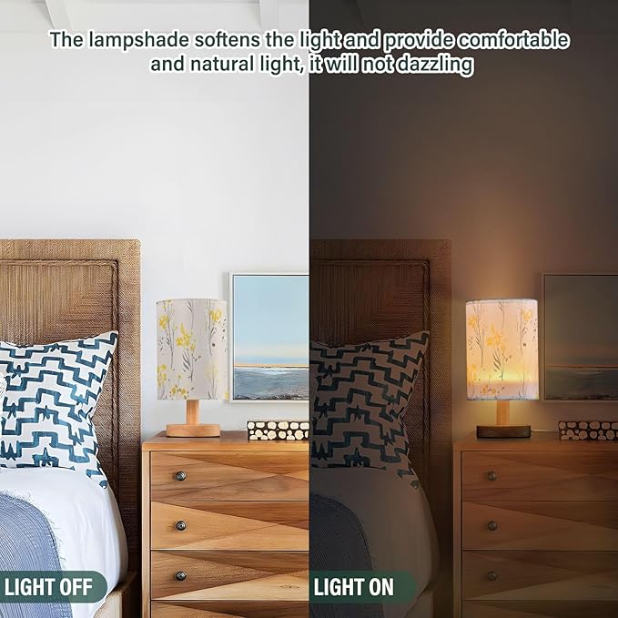 Yellow Floral LED Table Lamp, Bedside Lamp with Linen Lampshade, Flicker-Free Eye Care USB Plug in Nightstand Lamp, for Bedroom and Office