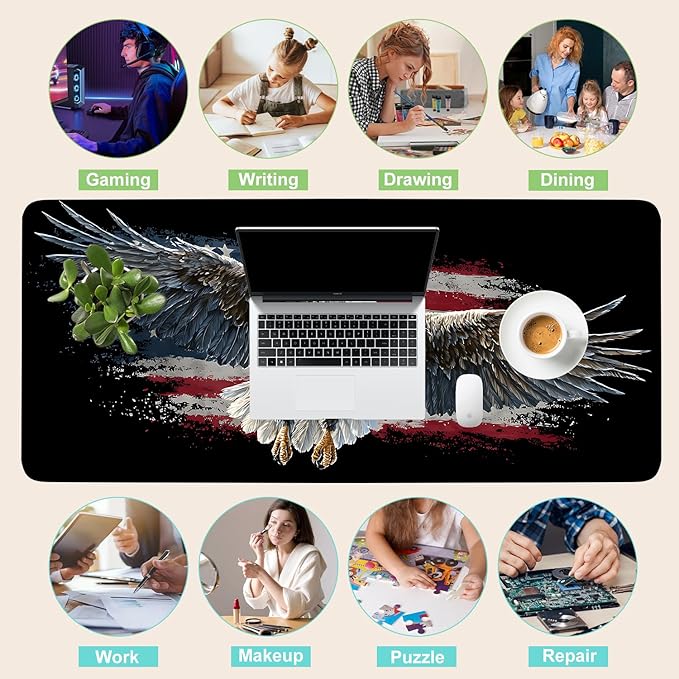 Desk Mat, XXL Extended Gaming Pad for Desktop, 35x16 Inches Patriotic Bald Eagle US Flag Design, Large Non-Slip Vegan Leather Surface with Stitched Edges, Keyboard Mouse Mat for Home Office