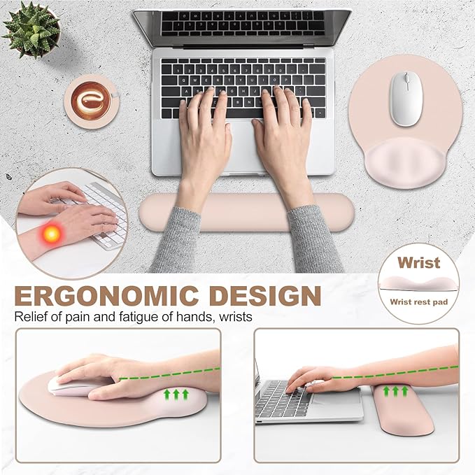 AIMSA Mouse Pad with Wrist Rest Support, Keyboard Wrist Rest Set, Ergonomic Memory Foam Mousepad for Computer Keyboard, Easy Typing and Pain Relief, Apricot