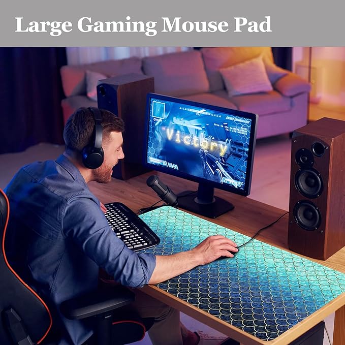 Desk Mat, Desk Matt for Desktop, DeskPad Mat, XXL Large Mouse Pad for Desks, Anti-Slip Big Mousepad with Stitched Edges, Keyboard Mouse Mat for Computer, Work, Office, Game, Home, Blue Mermaid