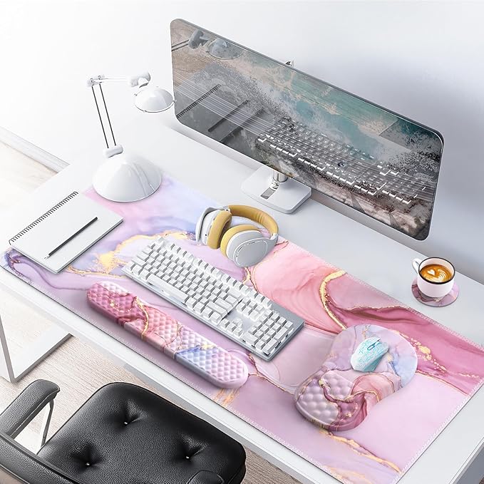 Pink Desk Mat, Large Mouse Pad with Wrist Rest, Ergonomic Keyboard Wrist Support, Carpal Tunnel Mousepad XXL Cushion with Coaster Set, Computer Keyboard Mat, Pink Marble