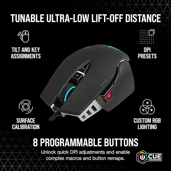 Corsair M65 RGB Ultra Tunable FPS Gaming Mouse Marksman 26,000 DPI Optical Sensor, Optical Switches, AXON Hyper-Processing Technology, Sensor Fusion Control, Tunable Weight System - Black