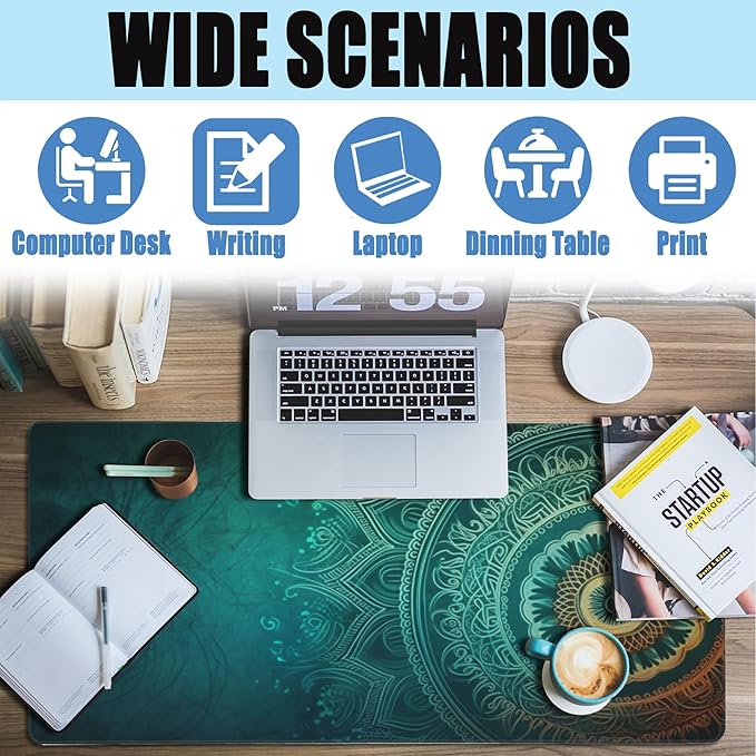 Large Gaming Mouse Pad for Desk,Retro Mandala Flower Desk Mat for Desktop,Mandala Floral Desk Pad, Extended Big Computer Keyboard Mouse Pad with Non-Slip Base and Stitched Edge 35.4"x15.7"