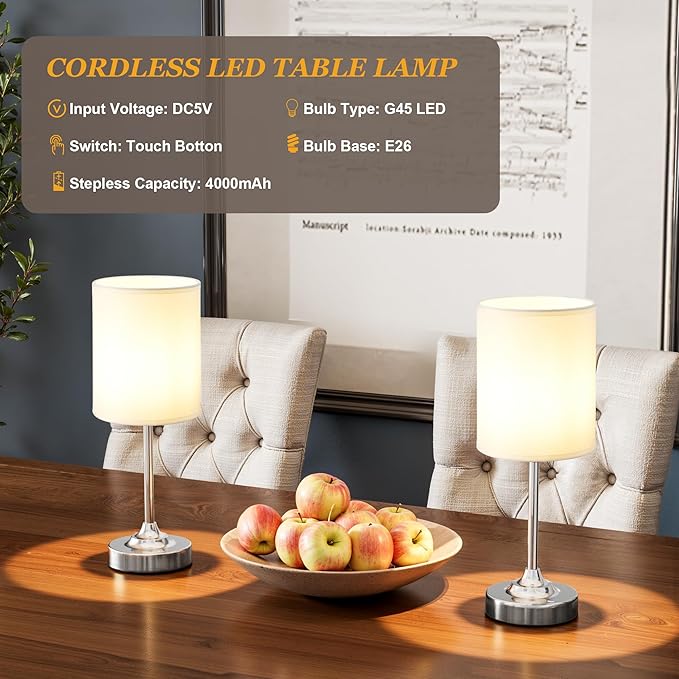 Touch Control Cordlss Table Lamp, USB-C Rechargeable Lamp with Stepless Dimming, 4000mAh Battery Operated Bedside Lamp for Bedroom, Living Room, Night Light & Emergency Lighting, Silver, 2 Pack