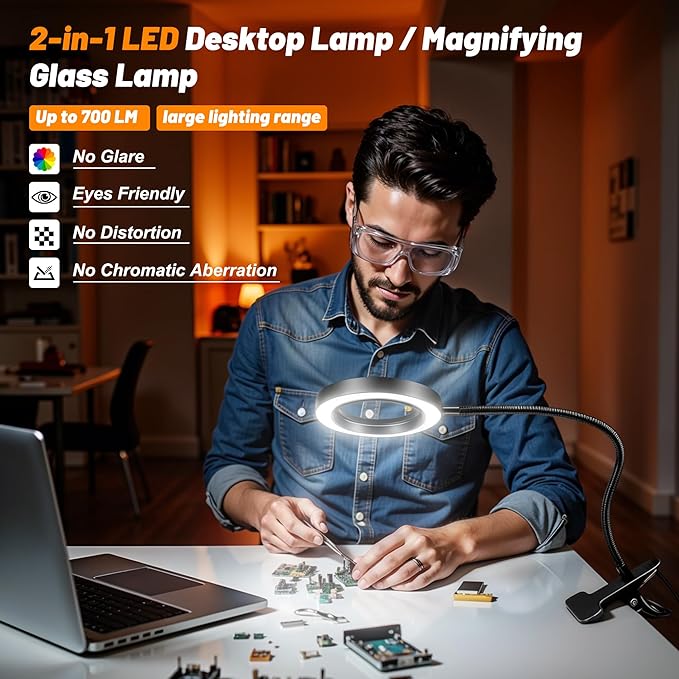 10X Magnifying Glass with Light, 2 in 1 Magnifying Desk Lamp Clip on Mganifier with Light, 3 Color Modes 10 Brightness Levels, 58 LED Clip on Reading Lamp for Bed Crafts DIY Repair,No Adapter