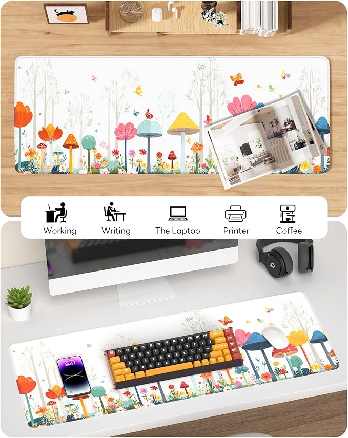 Floral Mouse Pad, 31.5 x 11.8 Large Desk Mat with Stitched Edges & Non-Slip Base, Mousepad for Office, Home, Work, Spring Flower