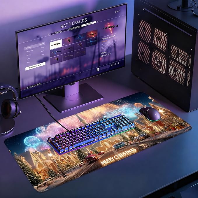 Desk Mat, XXL Extended Gaming Pad for Desktop, 31x12 Inches Magical Castle Fairytale Scene, Large Non-Slip Vegan Leather Keyboard Mouse Mat for Home Office