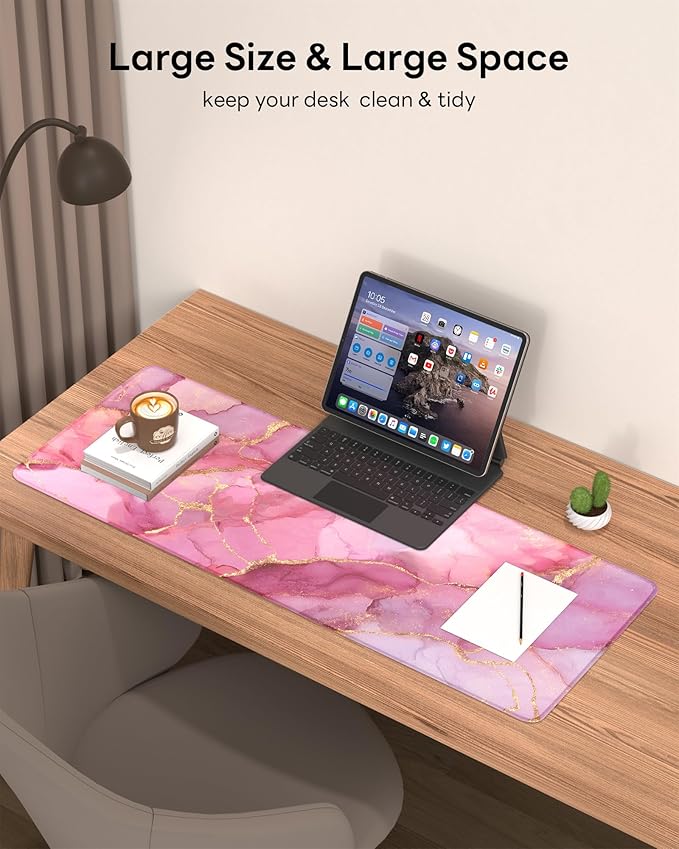 Pink Marble Mouse Pad, 31.5 x 11.8 Large Desk Mat with Stitched Edges & Non-Slip Base, Mousepad for Office, Home, Work