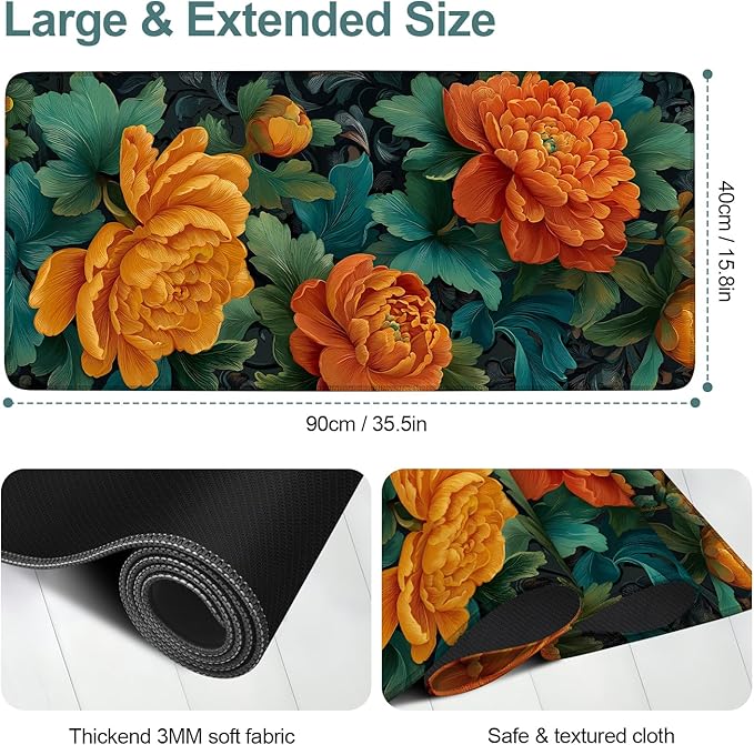 Retro Flower Spring Extended Gaming Mouse Pad 35.4x15.7Inch Large Desk Mat Anti-Slip Rubber Base & Durable Stitched Edges for Gamers Smooth Mouse Writing Surface for Desk Office/Home