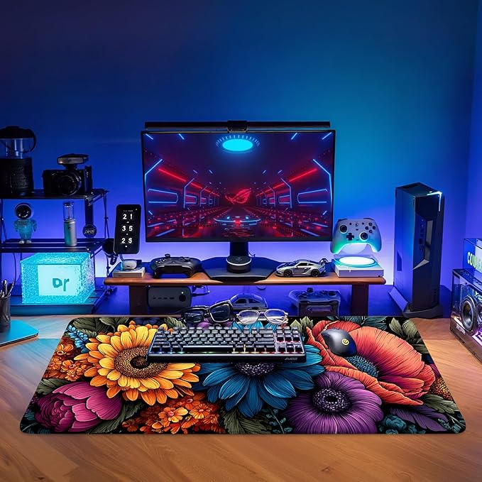 Spring Flowers Extended Gaming Mouse Pad 35.4x15.7Inch Large Desk Mat Anti-Slip Rubber Base & Durable Stitched Edges for Gamers Smooth Mouse Writing Surface for Desk Office/Home