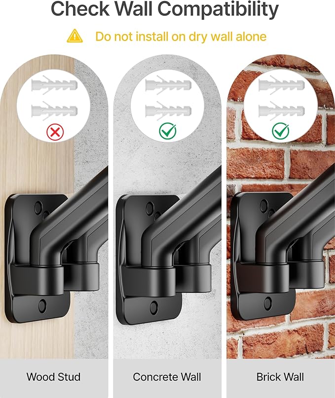 monTEK Dual Monitor Wall Mount for 17 to 32 inch Flat/Curved Screens, Each Holds to 19.8 lbs, Full Motion Adjustable Mechanical Spring Monitor Arm, 75x75/100x100 VESA Wall Mount, Black