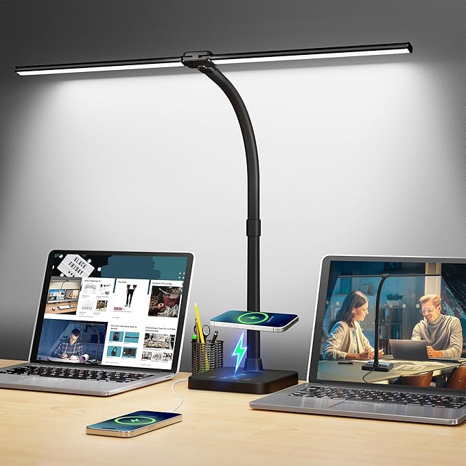 ShineTech LED Desk Lamp for Home Office, 24W Double Head Desk Light with Wireless Charging, USB Port, 25 Lighting Modes Adjustable Lamps