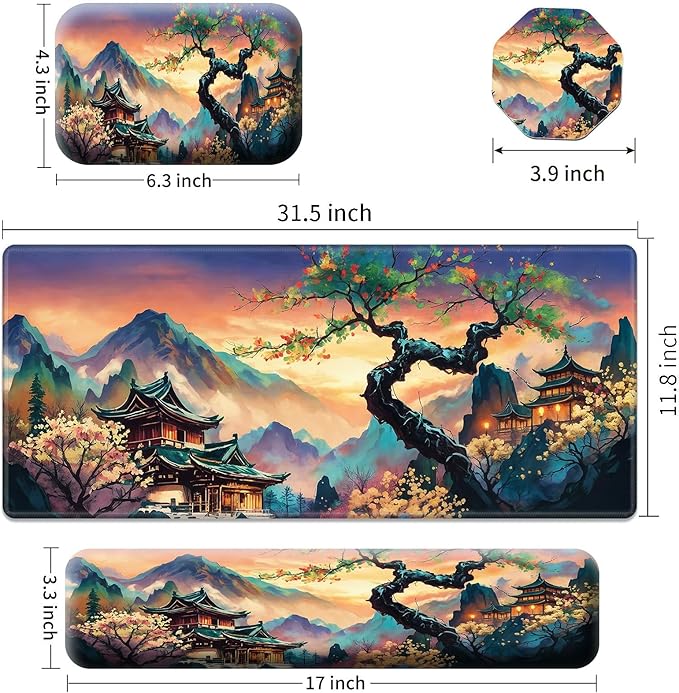 4PC Japanese Large Gaming Mouse Pad + Memory Foam Ergonomic Keyboard Wrist Rest Support + Wrist Rest + Coaster, Extended Desk Pad Set, Stitched Edge Non Slip Desk Mat for Office & Home, Japanese