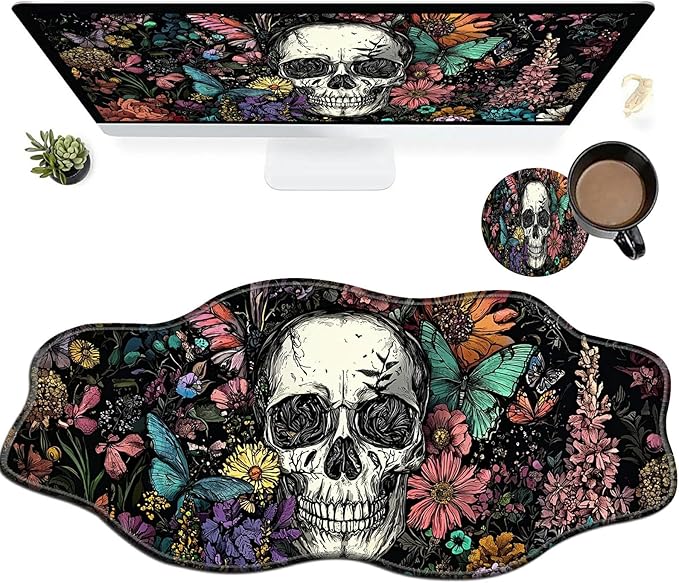 Sugar Skull Flowers Large Gaming Mouse Pad Plus a Coaster, 35.4 x 15.7 inches Desk Mat Extended XXL Mousepad with Stitched Edge Non-Slip Rubber, Desk Pad Computer Mouse Mat for Home Office
