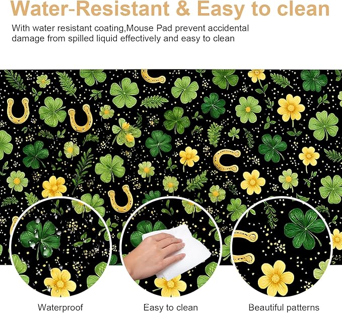 Large Mouse Pad & Keyboard Mat 35x16 Inches, Fresh Clover and Golden Horseshoe Meadow Non-Slip Rubber Base Desk Mat, Large Extended Desk Protector for Home Office Gaming Setup