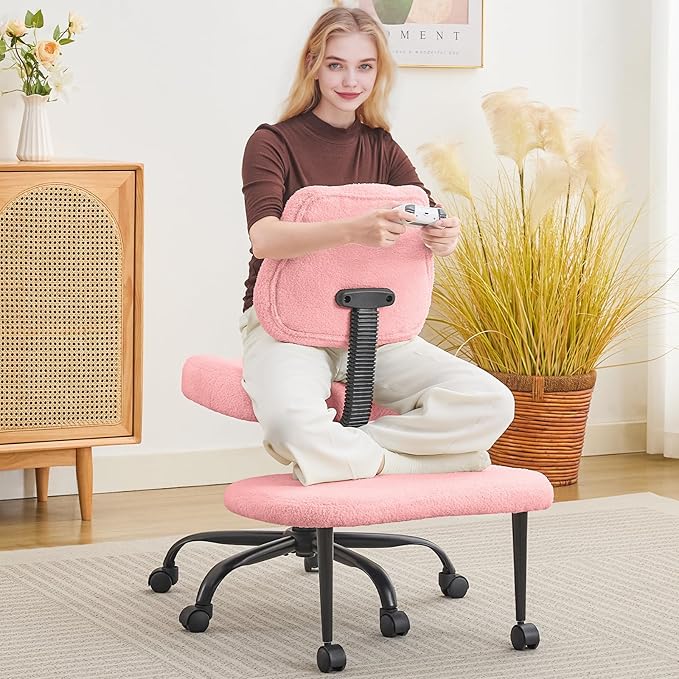 Ergonomic Criss Cross Legged Office Chair, ADHD Chair, Wide Height Adjustable Seat 360° Swivel Footstool with Wheels, Teddy Fabric Meditation Kneeling Chair, for The Restless Home Workers, Pink