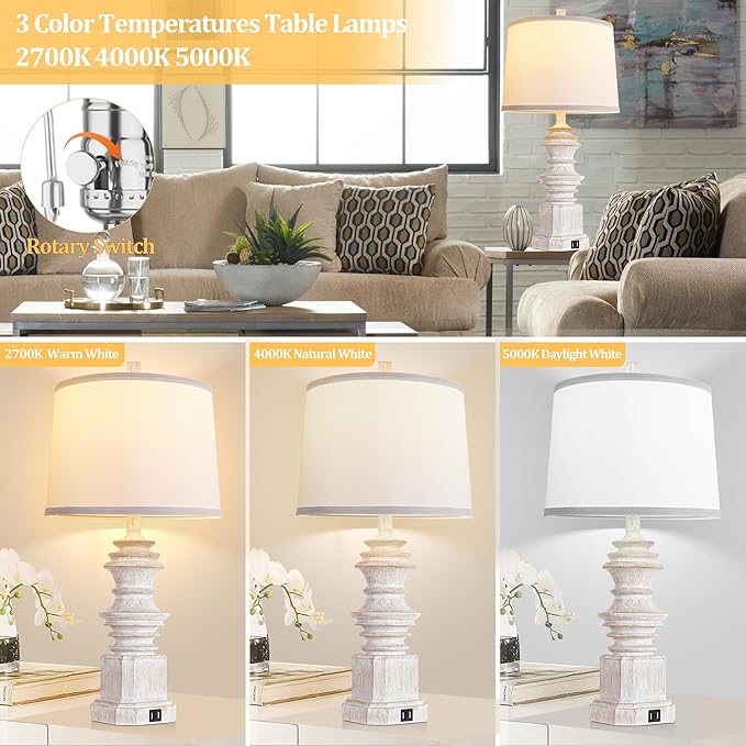 QiMH Table Lamps for Nightstand Set of 2, Bedside Lamp with Dual USB Charging Ports, Farmhouse Decor Table Lamps with White Linen Lampshade for Living Room, Bedroom Lamps with LED Bulbs, White