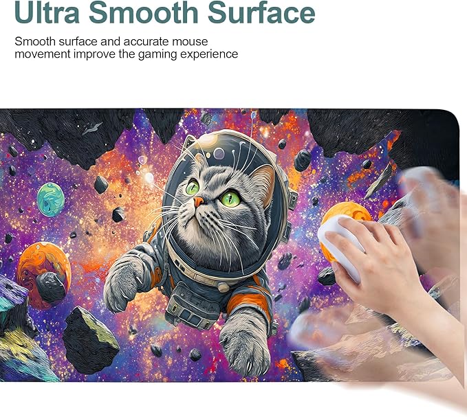 Cat Astronaut Extended Gaming Mouse Pad 31.5x11.8inches Large Desk Mat Anti-Slip Rubber Base & Durable Stitched Edges for Gamers Smooth Mouse Writing Surface for Desk Office/Home