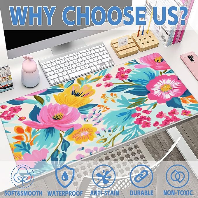 XXL Mouse Pad,Watercolor Floral Large Gaming Mouse Pad,Pink Rose Flowers Desk Mat for Desktop,Extended Big Computer Keyboard Desk Pad with Non-Slip Base and Stitched Edge 35.4"x15.7"