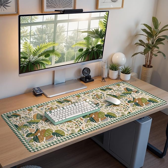 Large Mouse Pad for Desktop, Cute Desk Mat Pad Protector for Work & Gaming, Aesthetic Pretty Anti-Slip Laptop Blotter Cover for Office School Home Supplies, Green Leaves, 35.4" x 15.7"