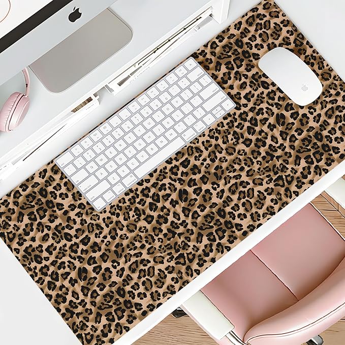 Mouse Pad Leather Desk Mat Large Keyboard Cute Office Desktop Computer Laptop XXL Long Big Aesthetic Modern Design Women Girls Gaming Gamer Oversized Wide Mousepad 31.5"x15.7", Leopard