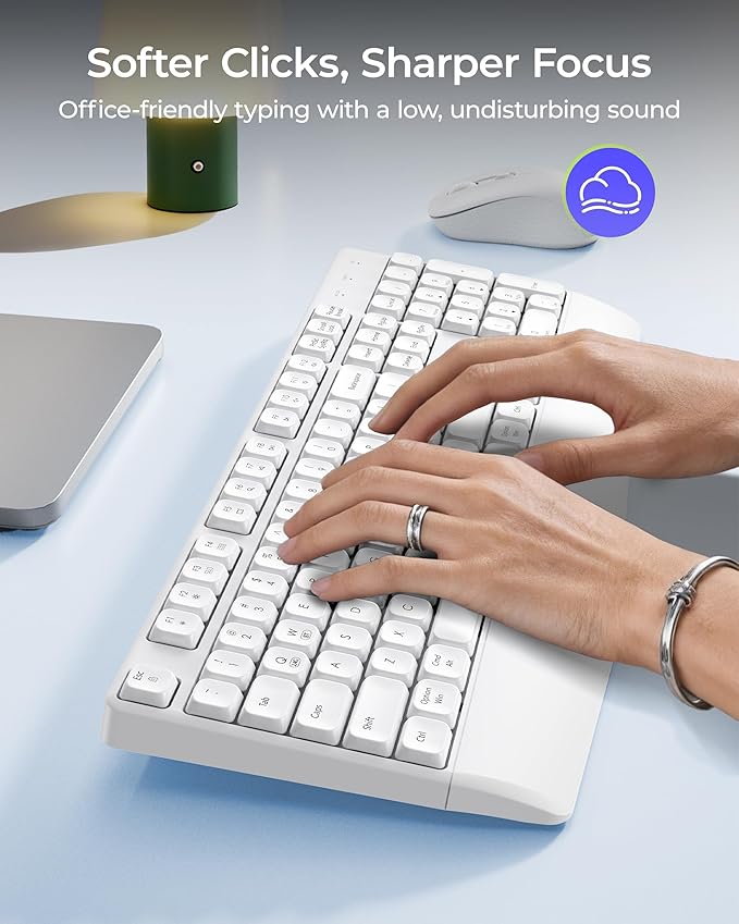 seenda Wireless Bluetooth Keyboard and Mouse Combo, COE200 Ergonomic Wireless Keyboard Mouse with Wrist Rest, Multi-Device Connection, Full-Size Compatible for Computer/Laptop/Mac/MacBook, White