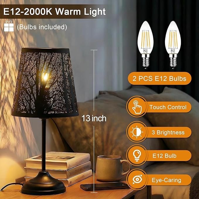 Touch Control Table Lamp, Black Metal Tree Pattern Shadow Lamp Lights Mini Lamps with dimmable 3-Levels Brightness Vintage Accent Decor Lamp Indoor Mood Lighting Bedroom Living Room (Black)
