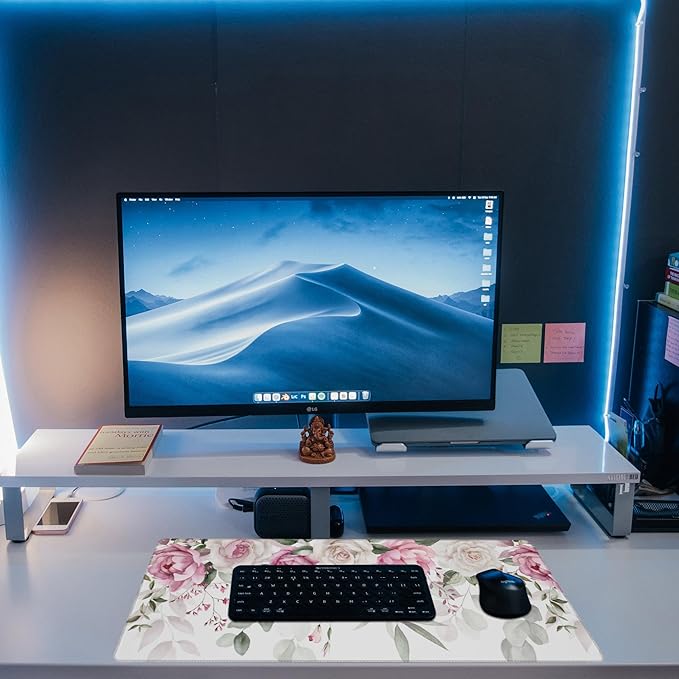Large Gaming Mouse Pad for Desk,Pink Peony Flowers Eucalyptus Leaves Desk Mat,Watercolor Floral Desk Pad,Extended Big Computer Keyboard Mouse Pad with Non-Slip Base Stitched Edge 31.5"x11.8"